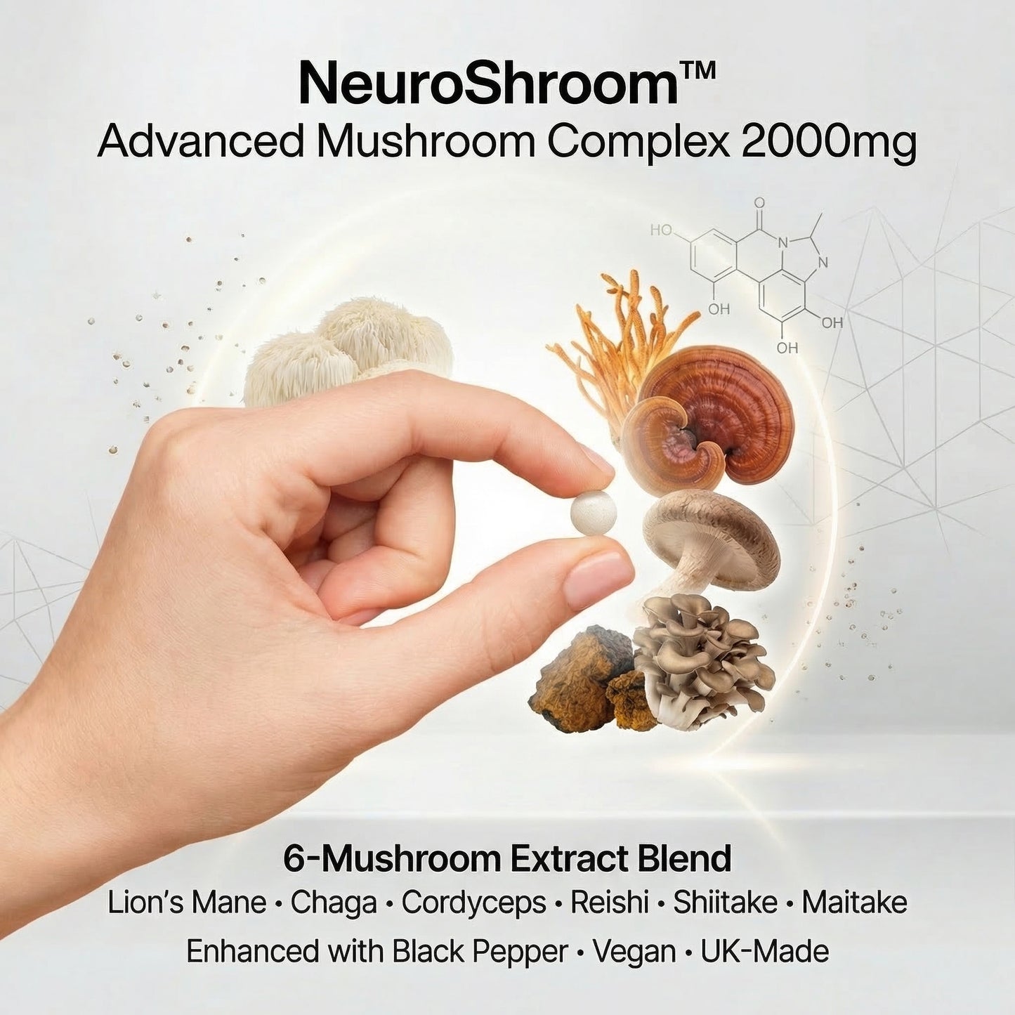 Advanced Mushroom Complex 2000mg | Lion’s Mane, Chaga, Cordyceps, Reishi, Shiitake & Maitake | Enhanced with Black Pepper | 120 Vegan Tablets | UK‑Made