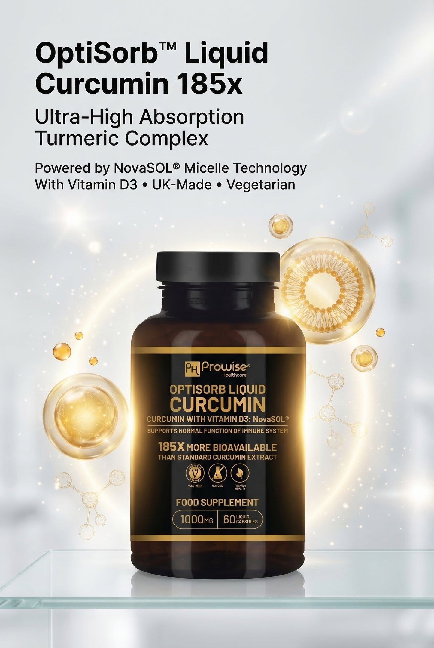 OptiSorb™ Liquid Curcumin 185x + Vitamin D3 | Ultra‑High Absorption Turmeric Complex | NovaSOL® Micelle Technology | 60 Capsules | UK‑Made | Vegetarian