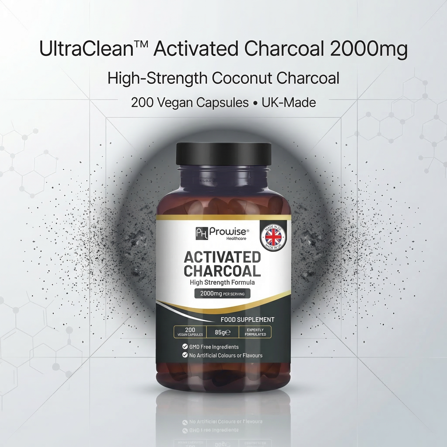 UltraClean™ Activated Charcoal 2000mg | High‑Strength Coconut Charcoal | 200 Vegan Capsules | UK‑Made | Advanced Purity Formula