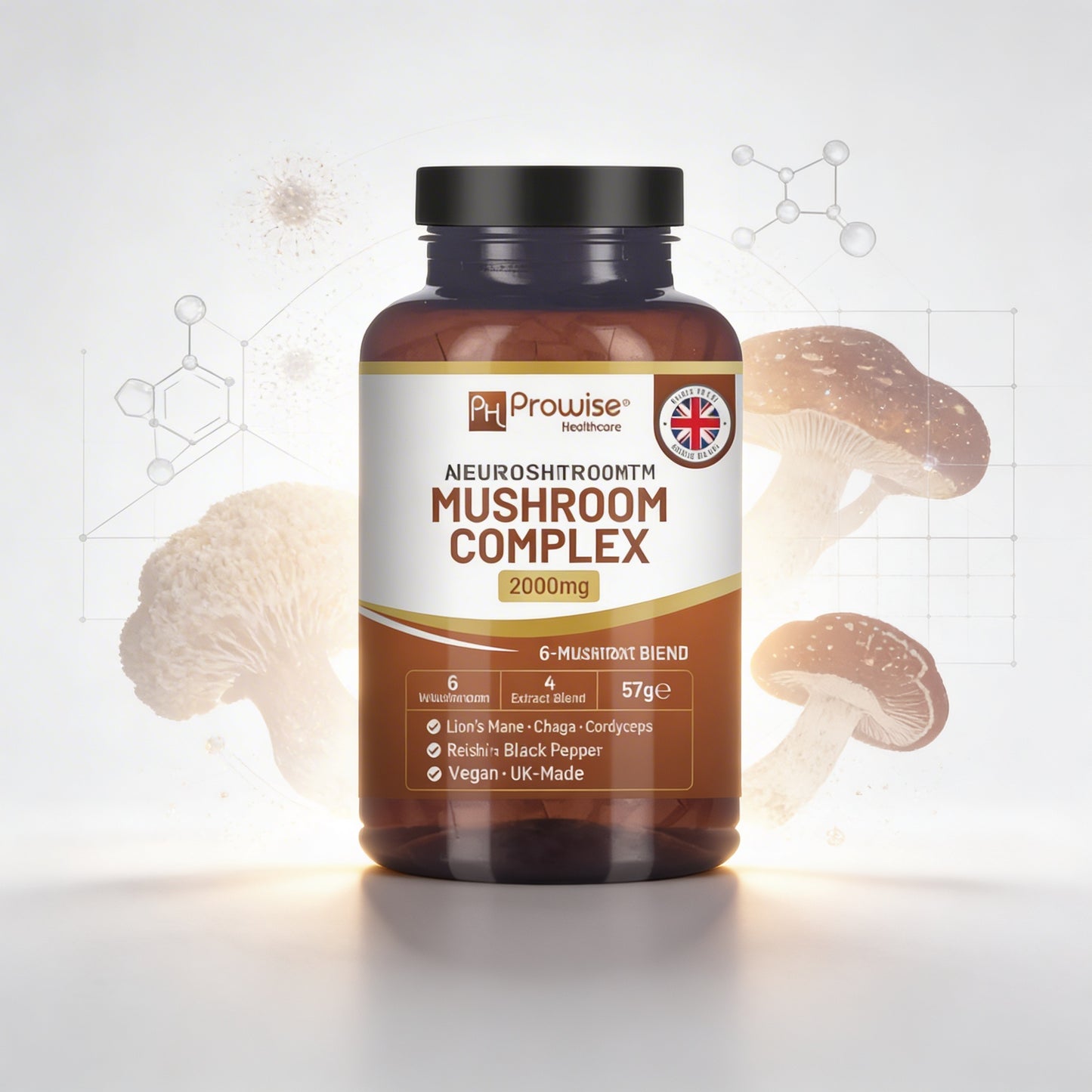 Advanced Mushroom Complex 2000mg | Lion’s Mane, Chaga, Cordyceps, Reishi, Shiitake & Maitake | Enhanced with Black Pepper | 120 Vegan Tablets | UK‑Made