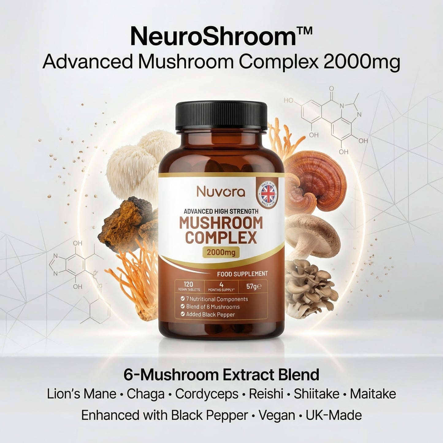 Advanced Mushroom Complex 2000mg | Lion’s Mane, Chaga, Cordyceps, Reishi, Shiitake & Maitake | Enhanced with Black Pepper | 120 Vegan Tablets | UK‑Made