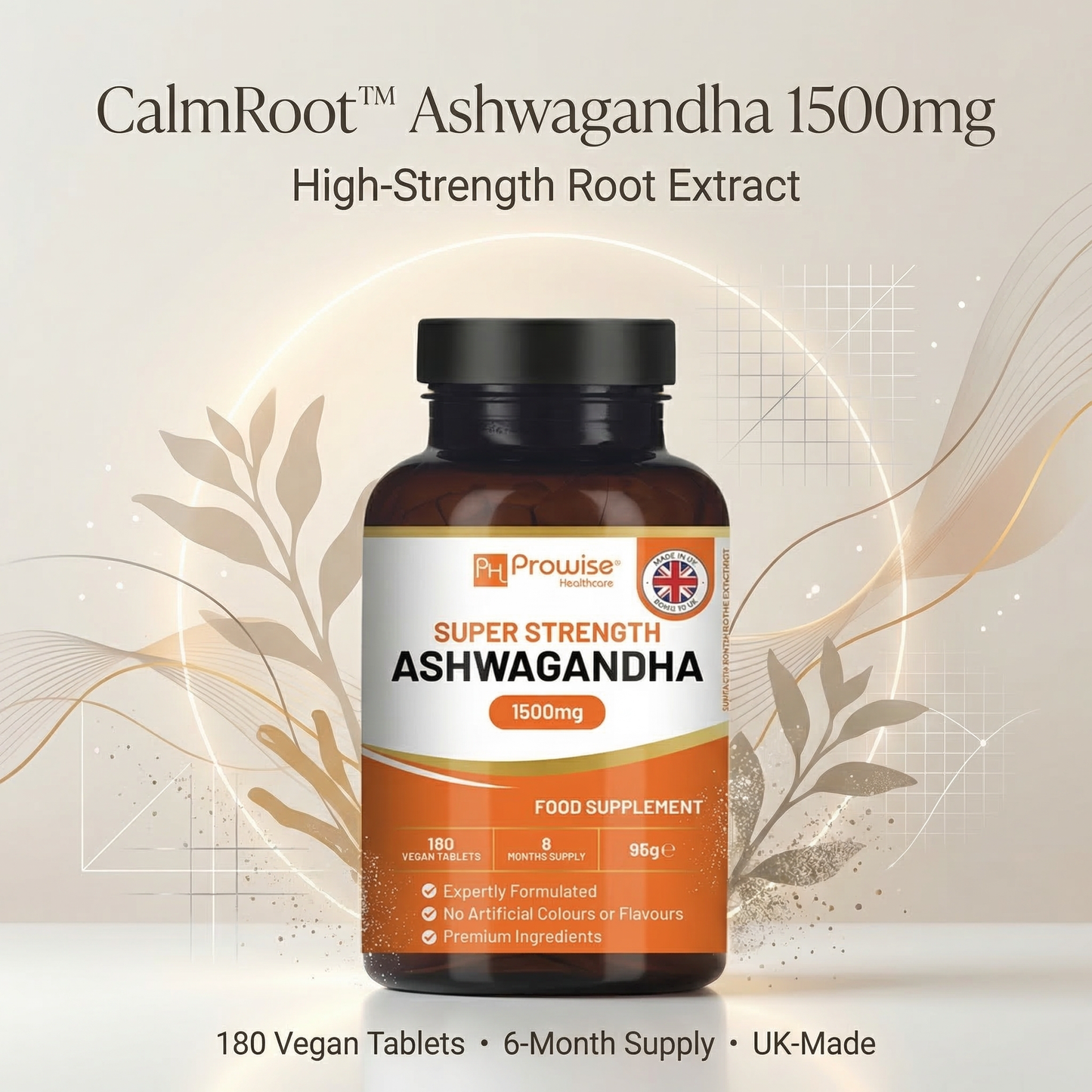 CalmRoot™ Ashwagandha 1500mg | High‑Strength KSM‑Style Root Extract | 180 Vegan Tablets | 6‑Month Supply | UK‑Made