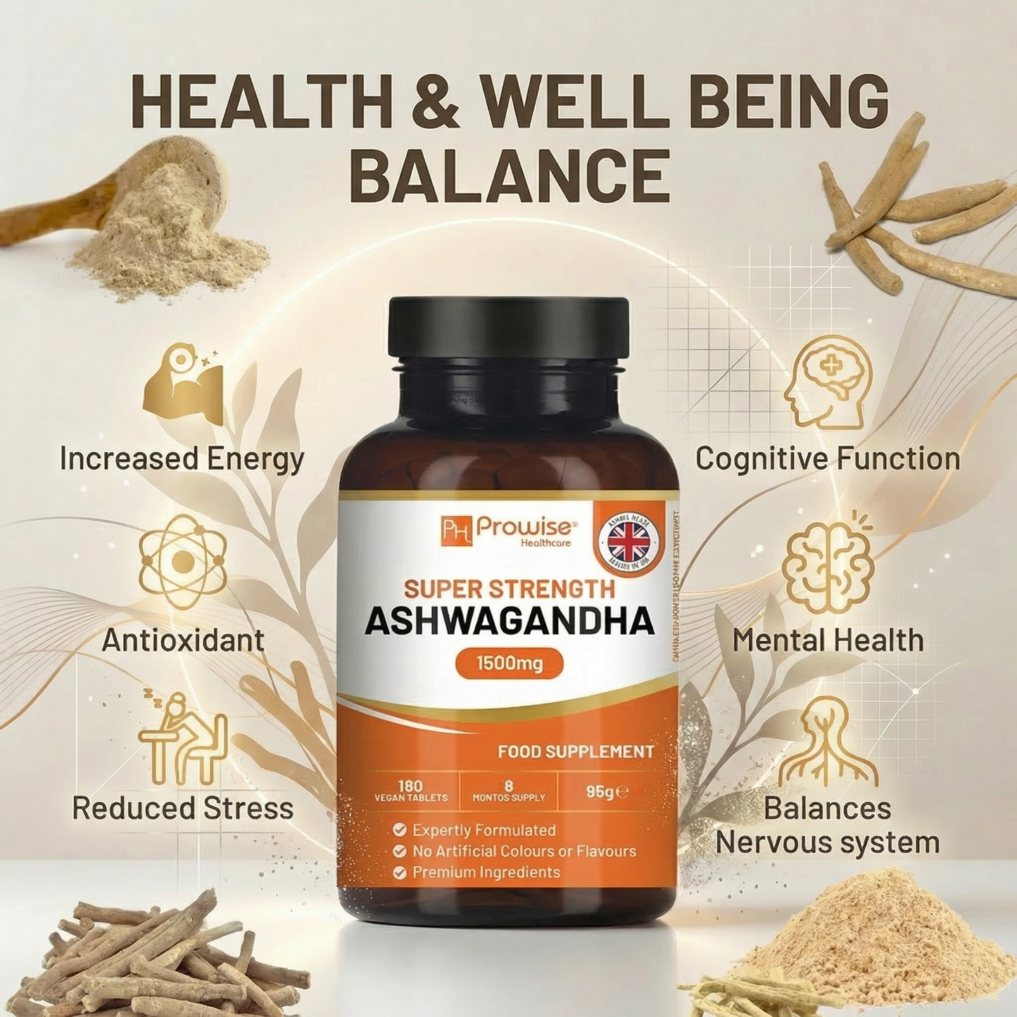 CalmRoot™ Ashwagandha 1500mg | High‑Strength KSM‑Style Root Extract | 180 Vegan Tablets | 6‑Month Supply | UK‑Made